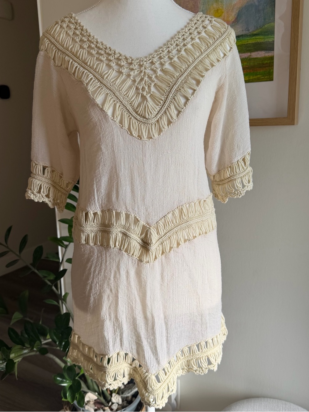 Tobi‎ Cream Gauze Small Boho Macrame Crochet Fringe Festival Tunic⁠ Top